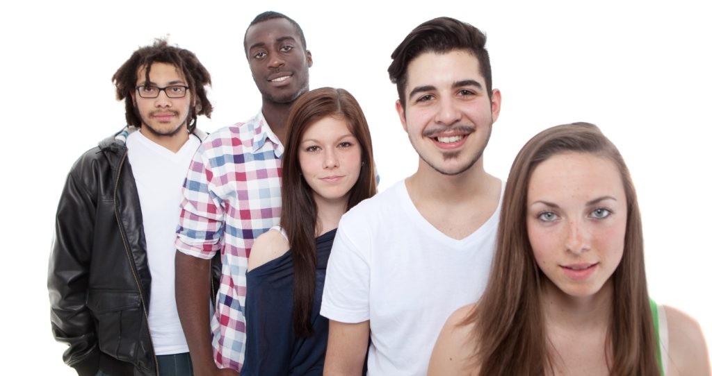 Youth Job Connection - Group of five teenagers, isolated over white background.