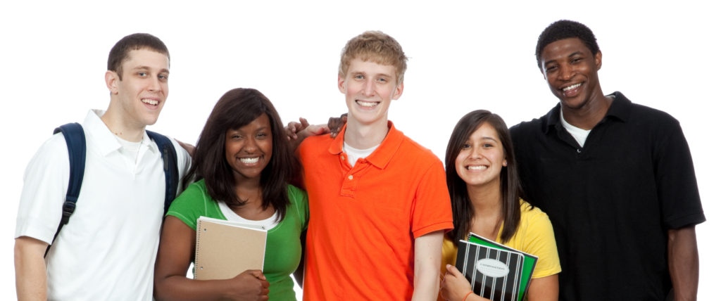 Experience Ontario - Multicultural high school and postsecondary students standing in a row, isolated on a white background.